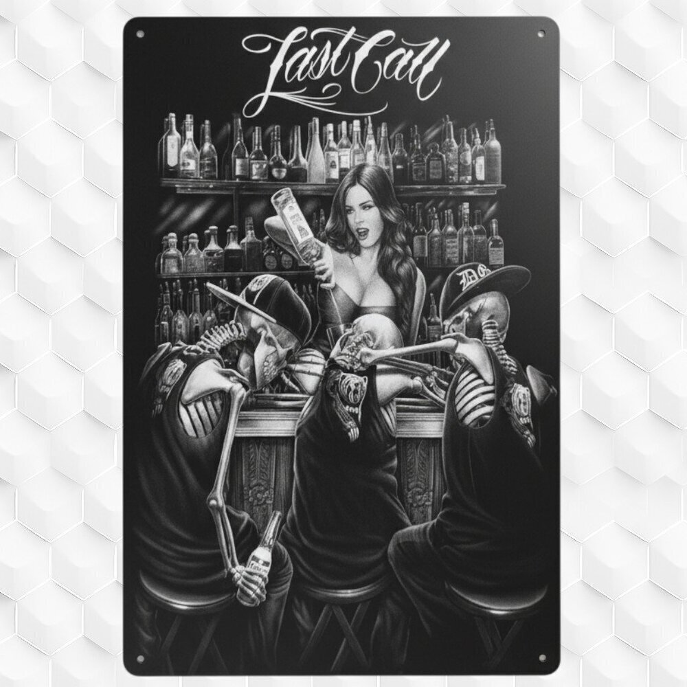 Set of 4 Metal Signs – Skulls, Babes, Bikes & Skeletons 8"X12", NWOT - Picture 3 of 6